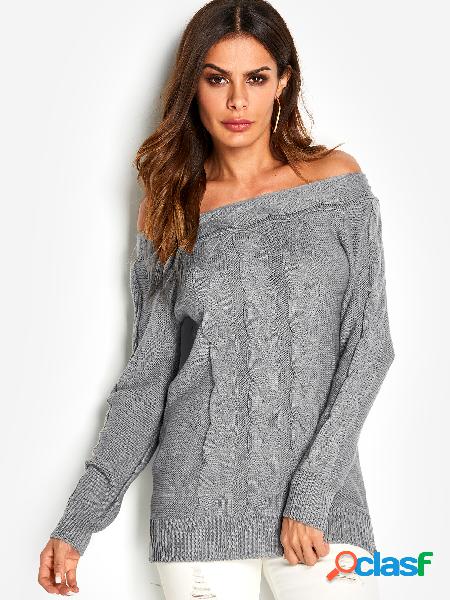 Grey Cable Knit Off The Shoulder Long Sleeves Sweater