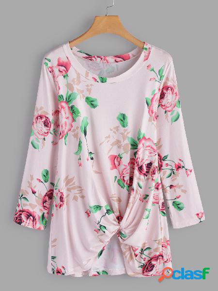 Pink Crossed Front Design Floral Print Round Neck Long