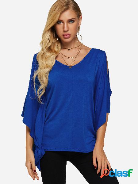 Royal Blue Back Cut Out Cold Shoulder Bat Sleeves Top