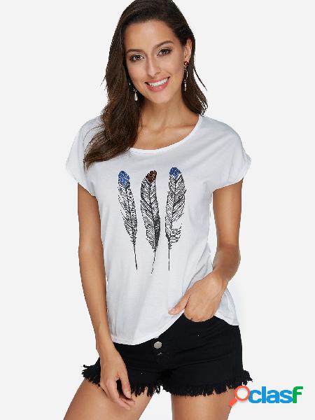 White Feather Pattern Round Neck Short Sleeves T-shirt