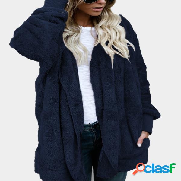 Blue Hooded Lapel Collar Long Sleeves Sweaters Coat