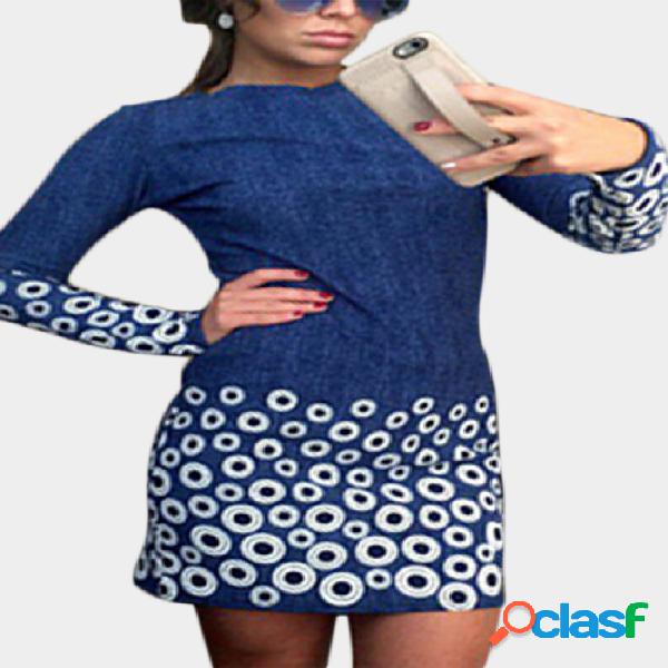 Blue Random Circle Print Long Sleeved Mini Dress