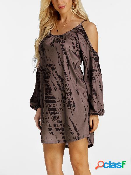 Brown Contrast Printed Cold Shoulder Long Sleeves Dresses