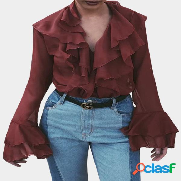 Burgundy Semi Sheer Long Sleeves Flounce Blouse