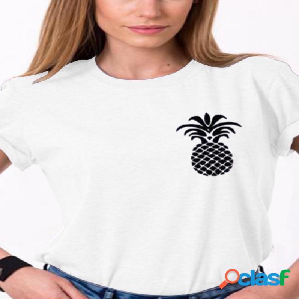 Casual Short Sleeves Pineapple Print Tees in White