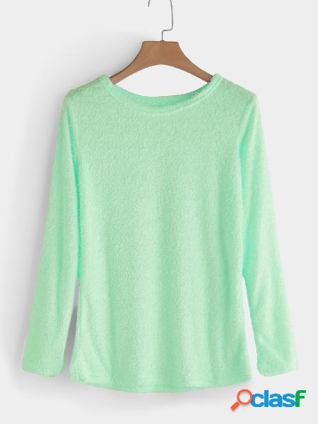 Aquamarine Casual Round Neck Long Sleeves Fuzzy T-shirt