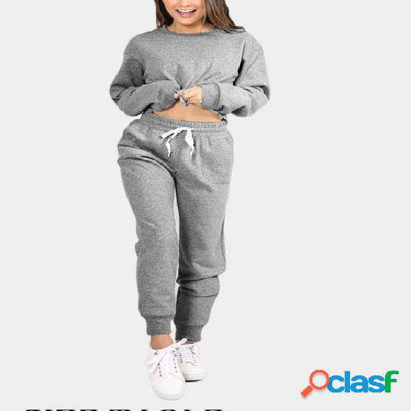 Grey Round Neck Top & Drawstring Waist Pants Two Piece