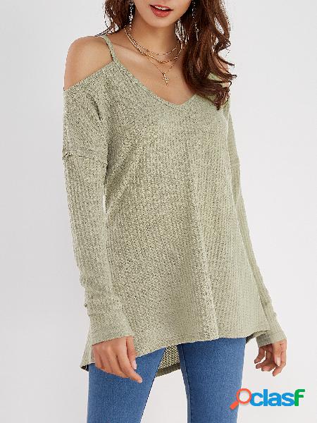 Light Grey Cold Shoulder Long Sleeves Curve Hem T-shirt