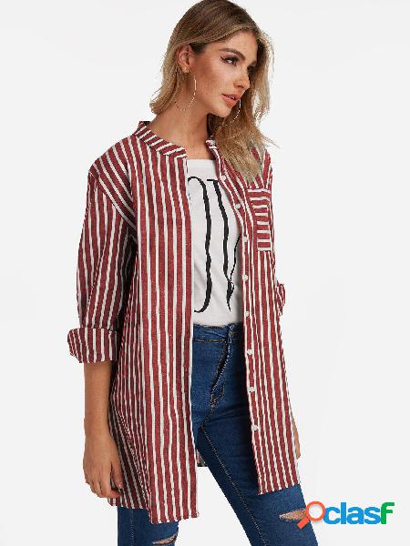 Red Stripe Patch Pockets Single Breasted Design Long Sleeves