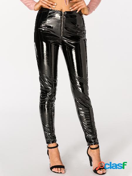 Black Front Zip Skinny PU Pants