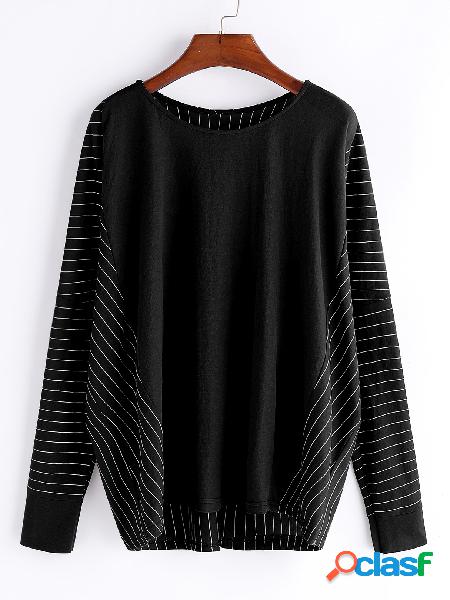 Black Stripe Patchwork Design Round Neck Long Sleeves