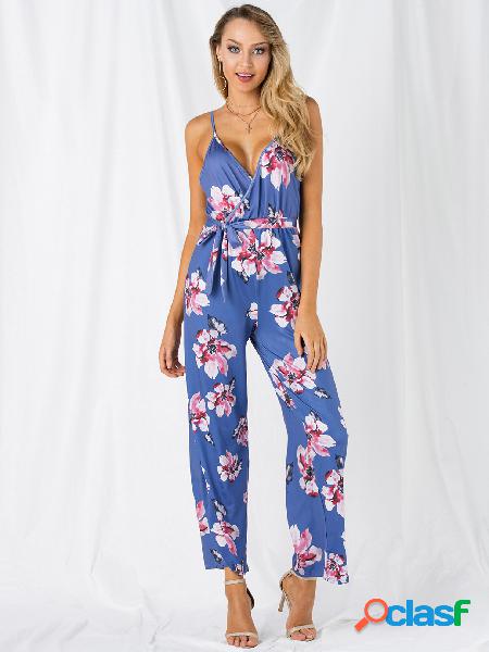 Blue Backless Crossed Front Design Random Floral Print