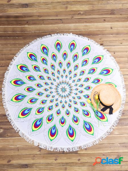 Round Peacock Feather Print Tessel Hem Summer Beach Towel