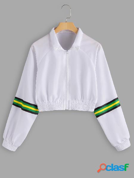 White Stripe Zipper Front Pullover Crop Sweatshirt