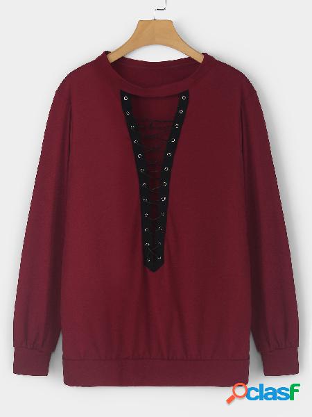 Burgundy Crew Neck Cutout Criss-cross Front Tee