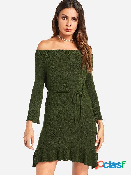Green Self-tie Design Plain Off The Shoulder Flounced Hem