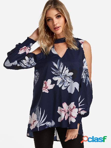 Navy Cut Out Random Floral Print Long Sleeves Blouse
