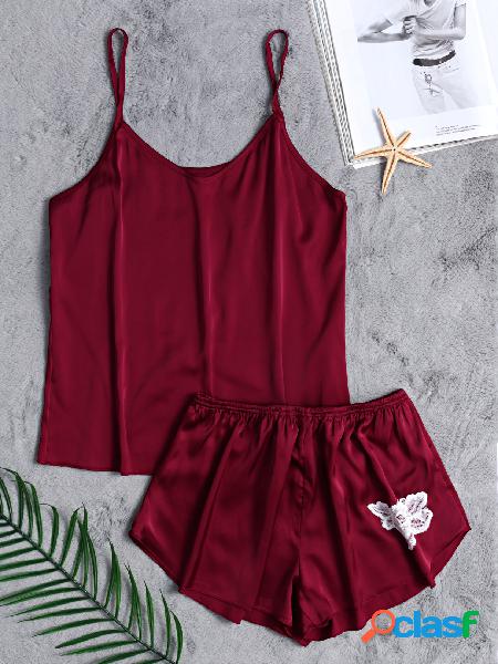 V-neck Silk Material Pajamas Set in Burgundy