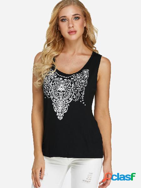 Black Totems Print Round Neck Tank Top