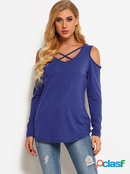 Blue Cold Shoulder Crossed Front Design Plain Round Neck