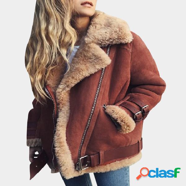Crimson Zip Belt Design Lapel Collar Long Sleeves Plush