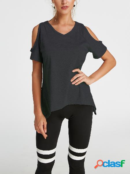 Dark Grey Cold Shoulder Irregular Hem T-shirt