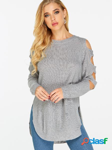 Grey Cut Out Plain Crew Neck Long Sleeves Slit Hem Sweaters