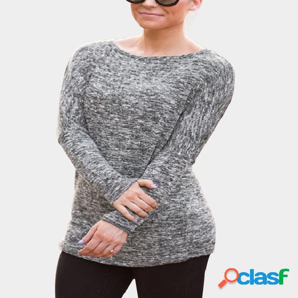 Grey Round Neck Long Sleeves Casual Tee