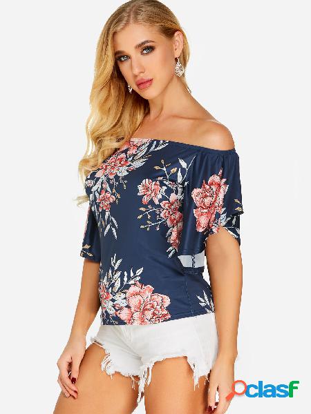 Navy Random Floral Print Off The Shoulder Bell Sleeves