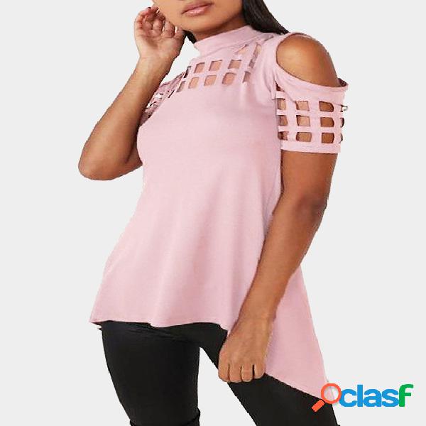 Pink Cold Shoulder Cut Out Hollow Slit Hem Back T-shirts