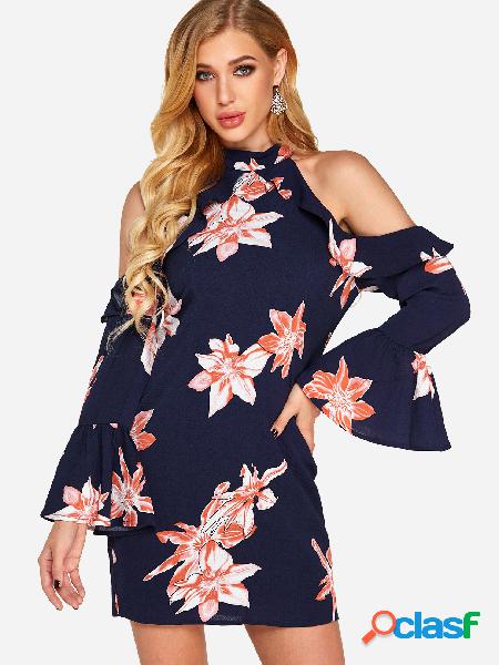 Random Floral Print Halter Cold Shoulder Long Sleeves Dress