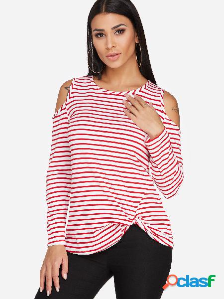 Red Crossed Front Design Stripe Cold Shoulder Round Neck