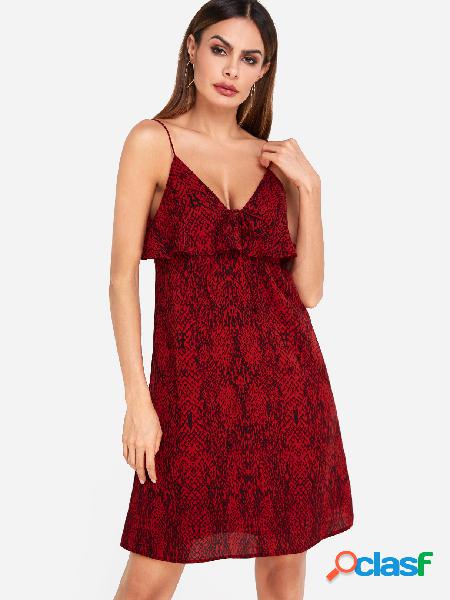 Red Snake Pattern Spaghetti Strap Flounced Details Dress