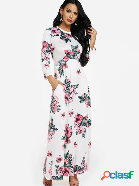 White Casual Random Floral Print Maxi Dress