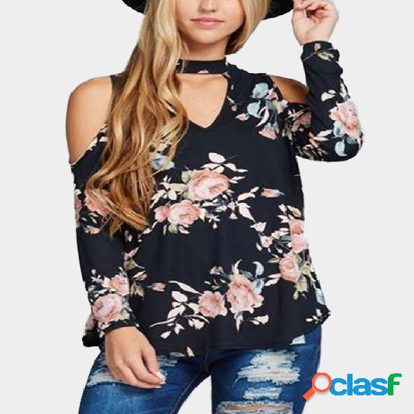 Black Floral Print Button Keyhole Design Cold Shoulder