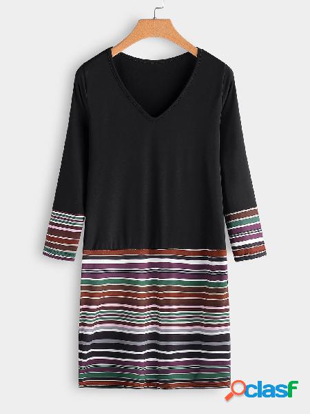 Black Stripe Details V-neck Long Sleeves Dress