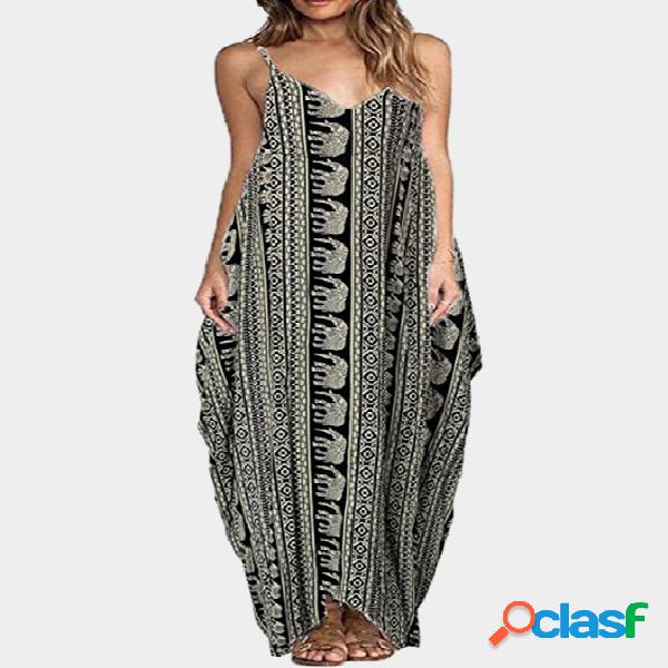 Black Vintage Print Low Cut V-neck Slip Maxi Dress