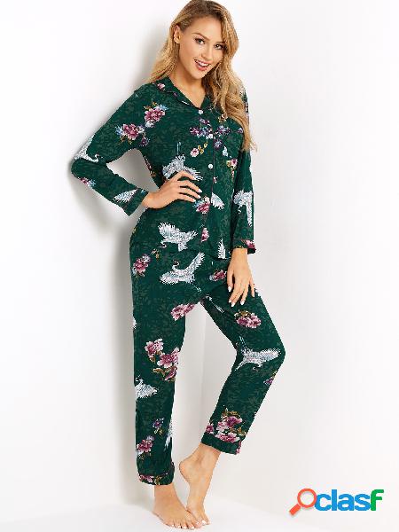 Green Button Up Printed Pajamas