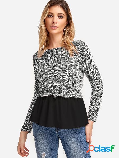 Grey Stitching Design Round Neck Long Sleeves Jumper