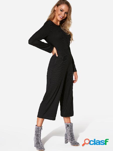 Black Button Design Round Neck Long Sleeves Jumpsuit