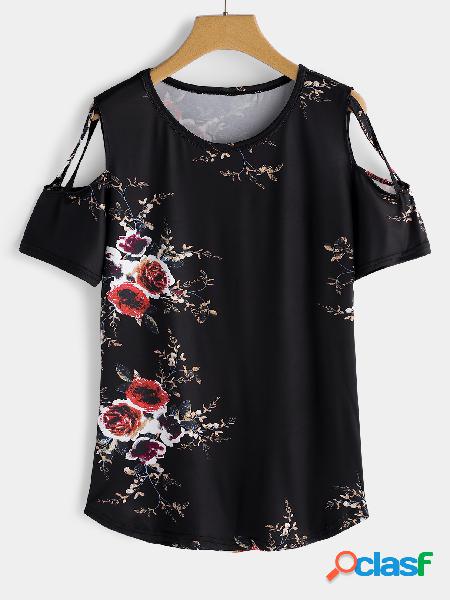 Black Round Neck Cutout Cold Shoulder Floral Tee
