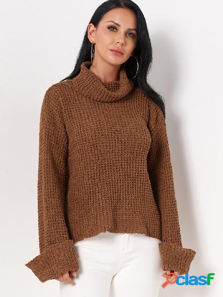 Coffee Plain Roll Neck Long Sleeves Regular Fit Casual