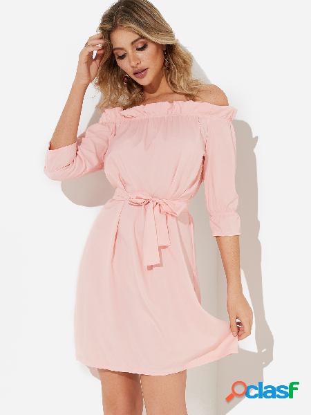 Pink Off Shoulder 3/4 Length Sleeves Self-tie Design Dress