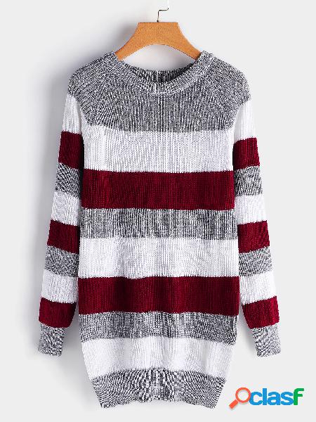 White Stripe Details Crew Neck Long Sleeves Sweaters