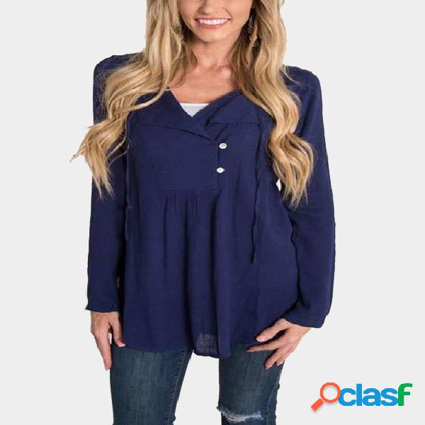 Navy Self-tie & Button Design V-neck Curved Hem Long Sleeves