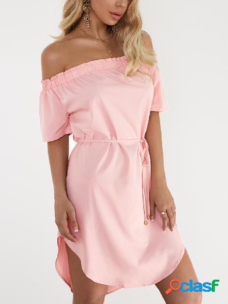 Pink Off The Shoulder Curved Hem Mini Dress with Waist belt