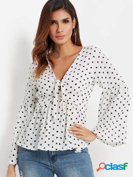 White Polka Dot Deep V Neck Long Flared Sleeves Self-tie