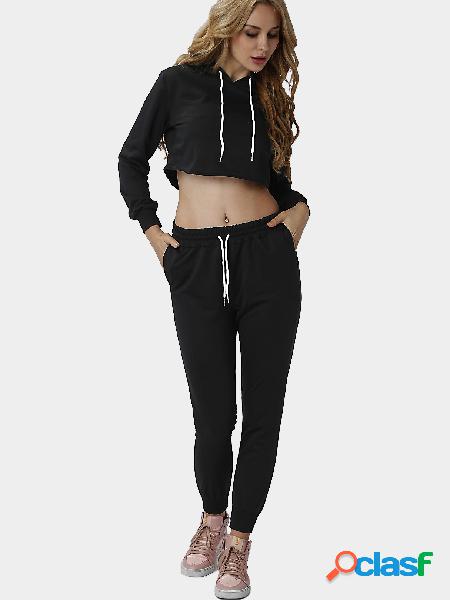 Black Casual Hooded Drawstring Waist Long Sleeves Sports