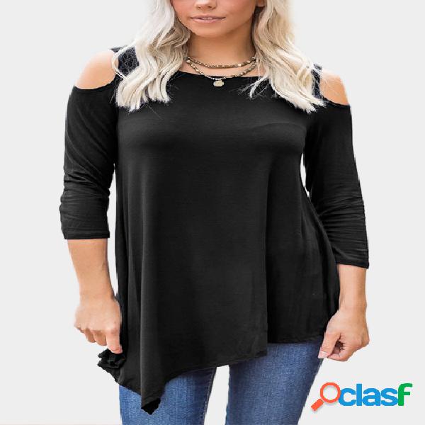 Black Cold Shoulder 3/4 Length Sleeves T-shirts