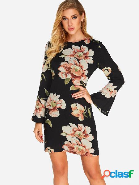 Black Random Floral Print Round Neck Long Sleeves Mini
